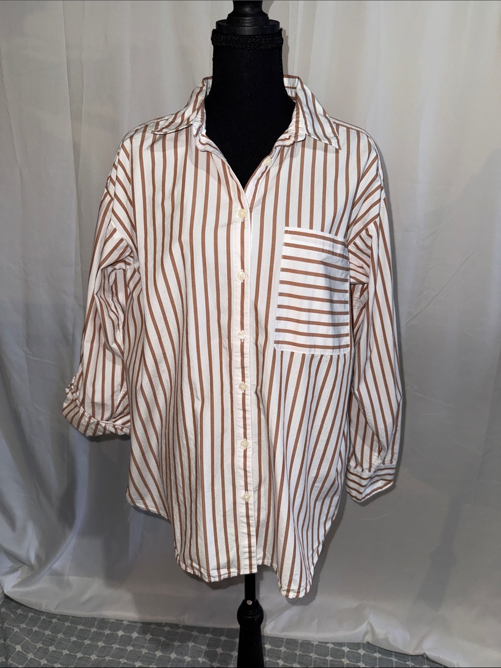 LOFT Classic Brown Stripe Button-Up Shirt - Relaxed Fit
